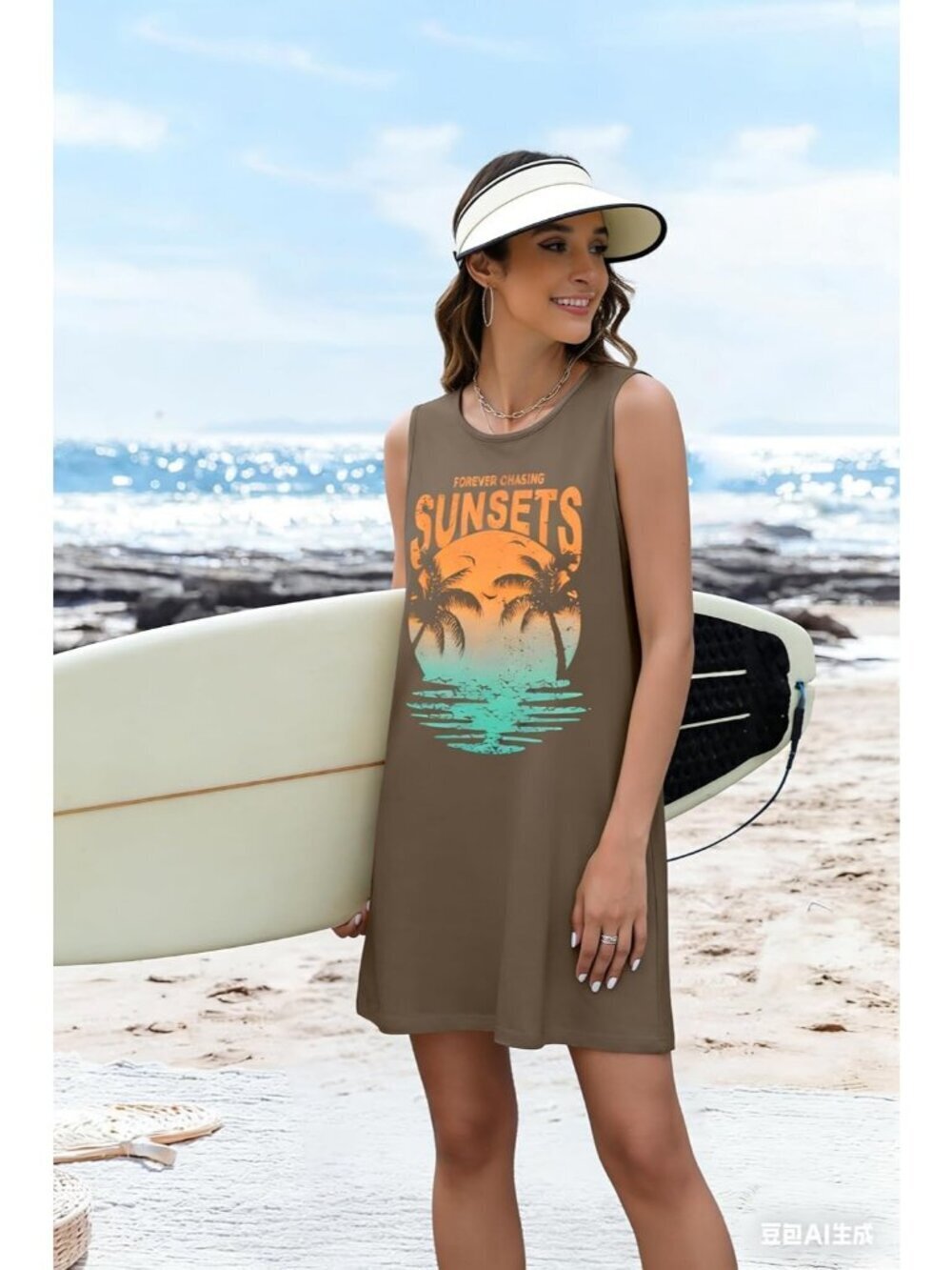 Women's Brown Stylish Sleeveless Beach Vacation Sundress Short Tank Mini Dress - Picture 4 of 6